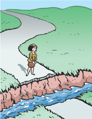 Illustration of woman unable to cross stream